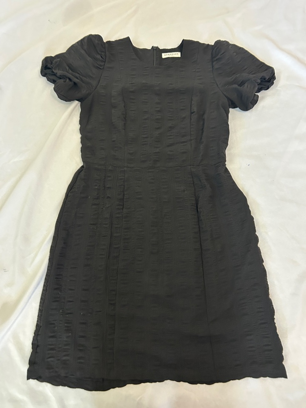Downeast Black Textured knee-length Dress with Puff Sleeves